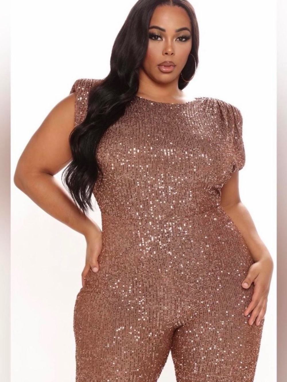 Fashion Nova Sparkle And Snatched Shoulder Pad Jumpsuit - Chocolate Large - Picture 3 of 10